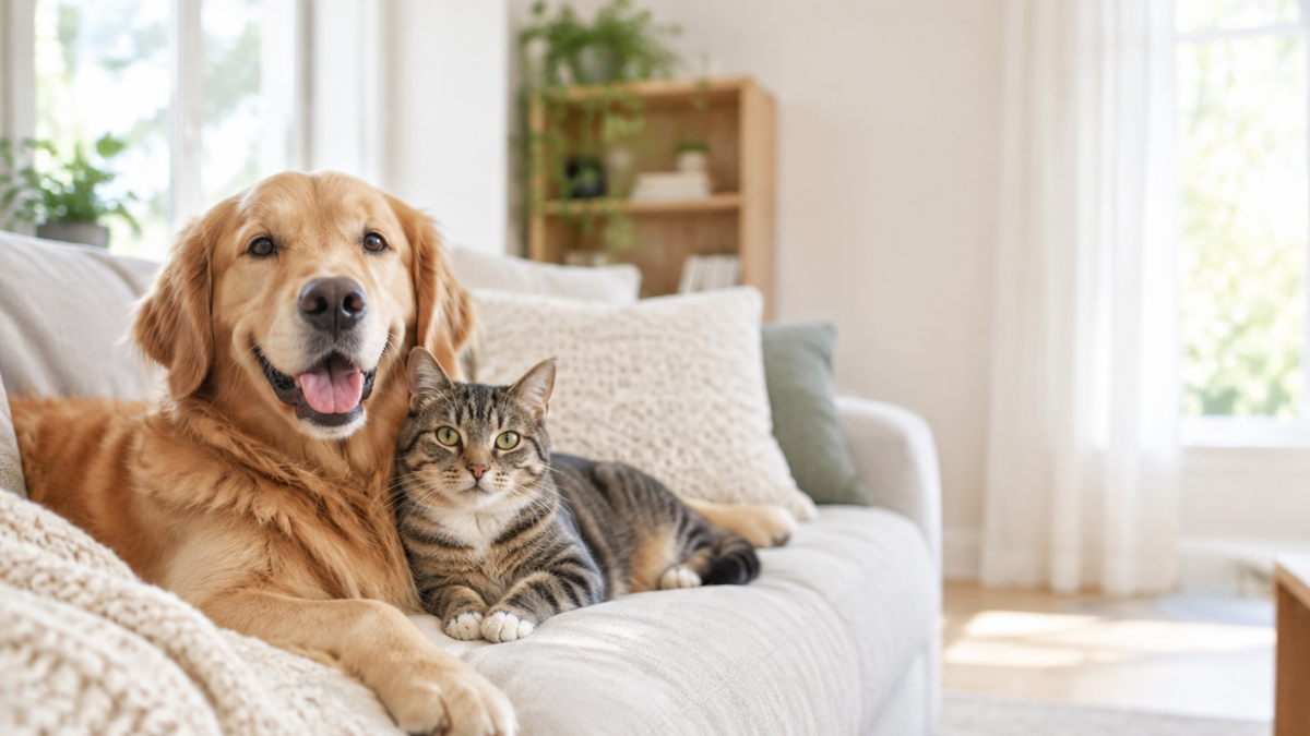 Dog and cat relaxing on a sofa